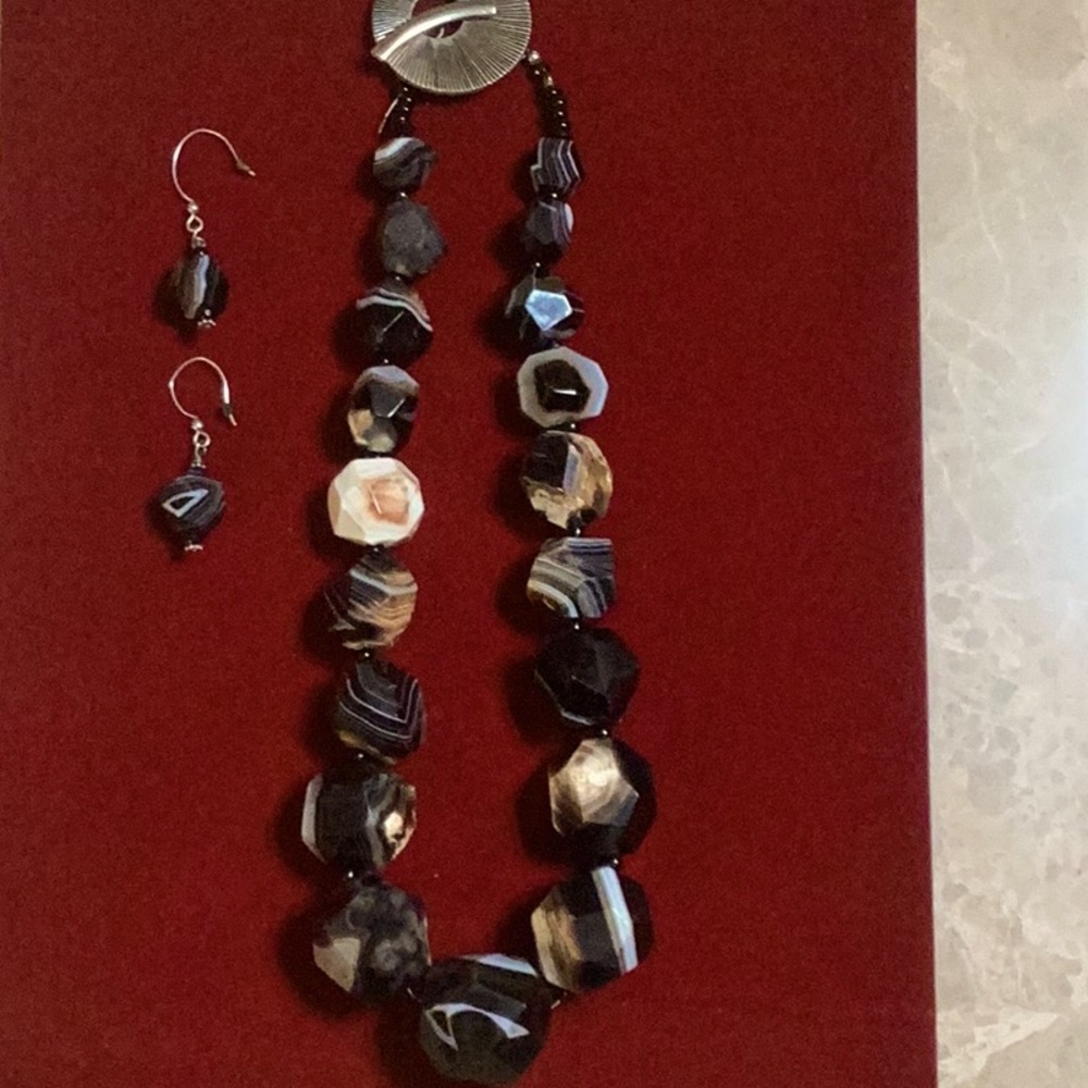 Chunky Black Stone Necklace with Matching Earrings Set
